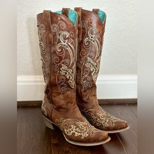 Women’s Corral Brown Overlay Embroidery Studs & Crystals Cowboy Boots